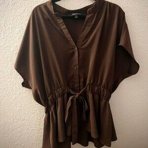 Women's Business Casual Pleated Sleeve Top - Brown - Size L